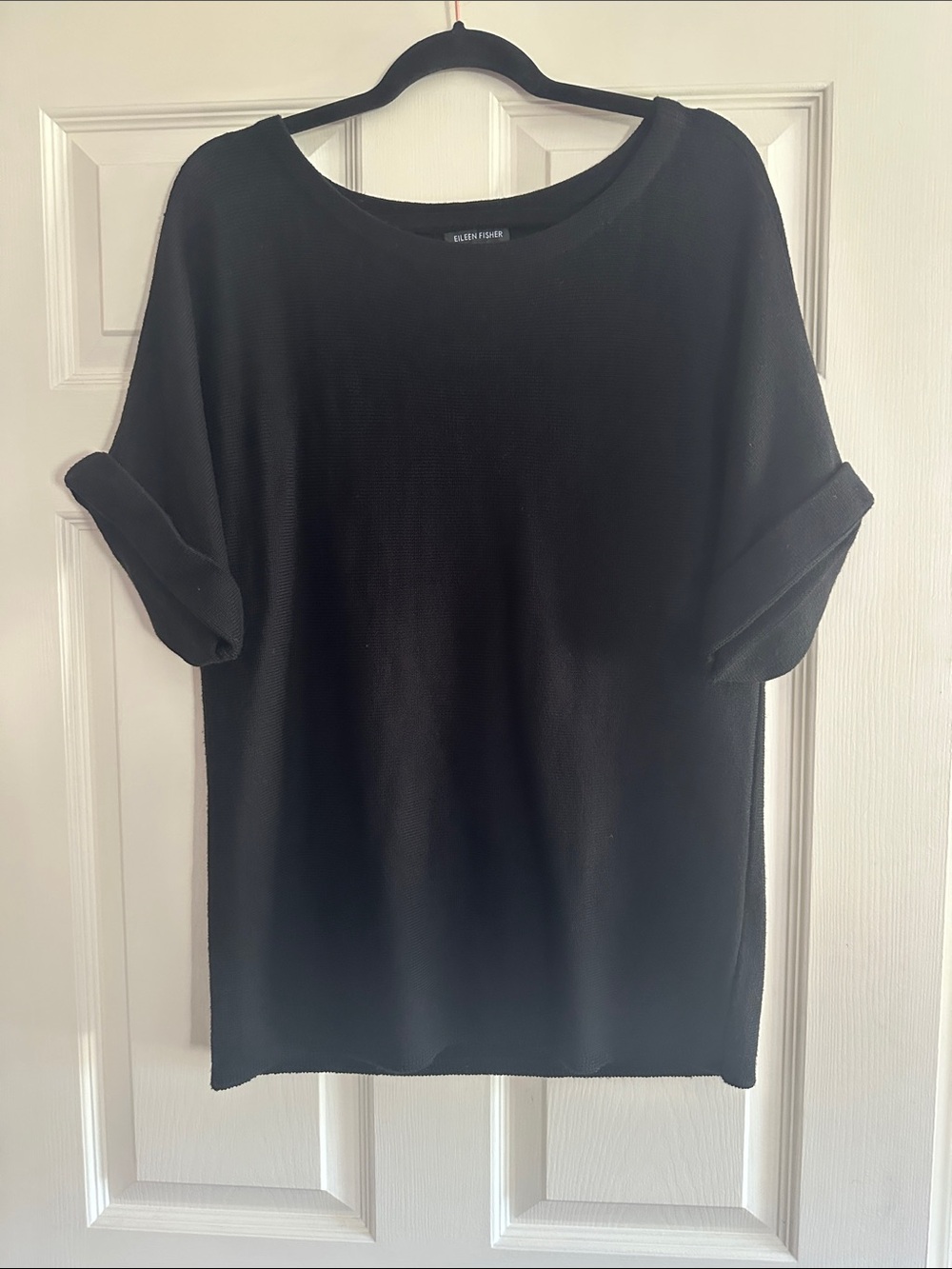 Elegant and Simple Dark Black Eileen Fisher Rolled-Sleeve Short-Sleeve Sweater
